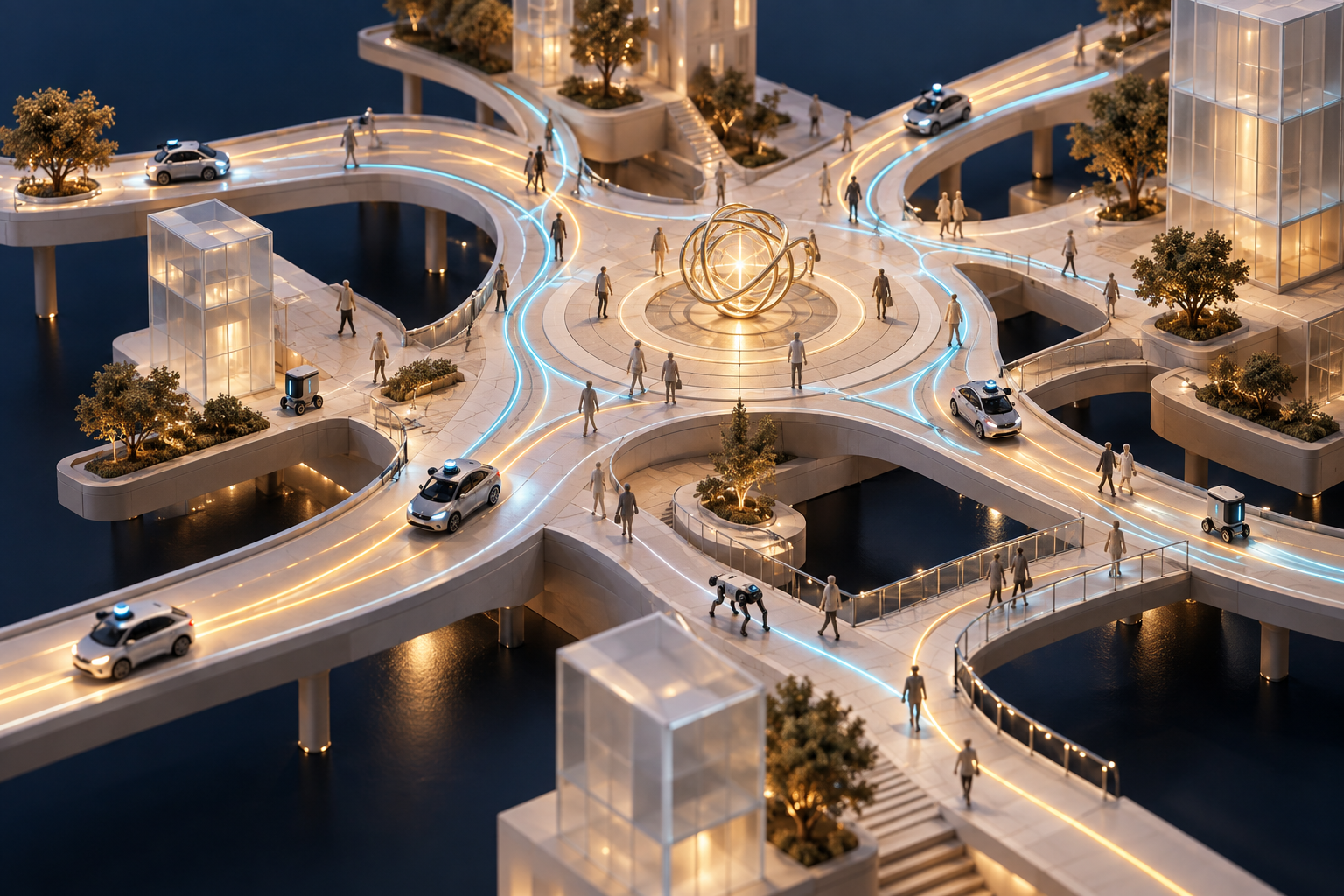 Concept illustration of people, robots, and autonomous vehicles interacting across connected pathways.