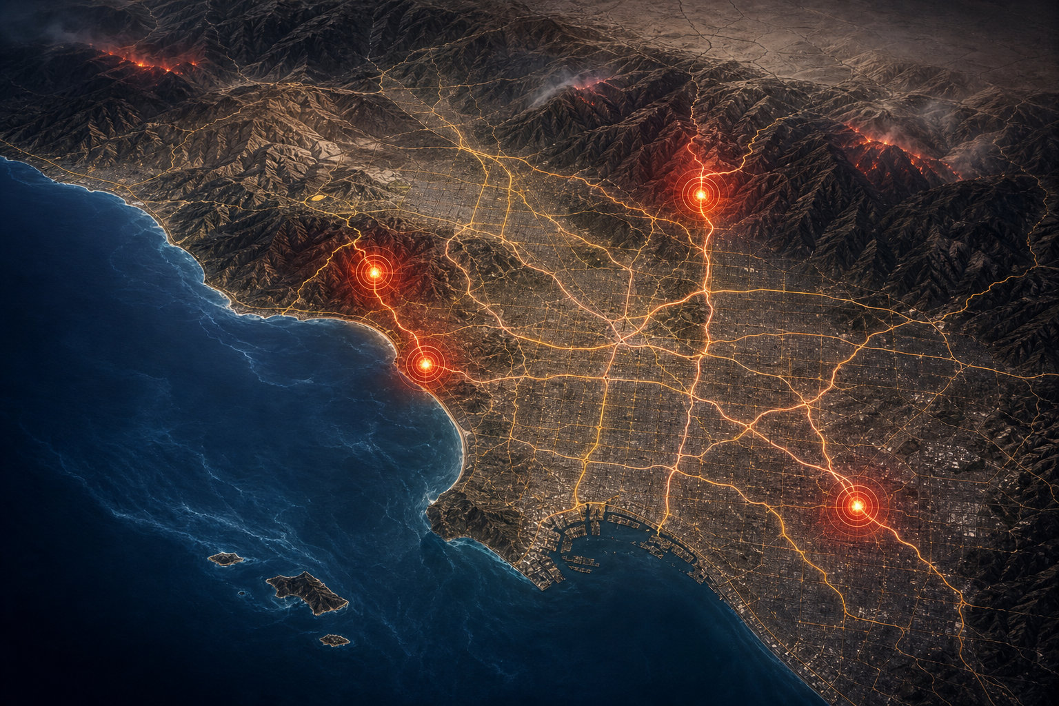 Living Lab map of the Los Angeles region showing evacuation networks and four highlighted research locations.